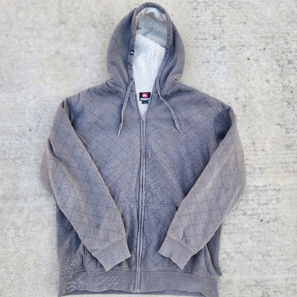 Y2K Quicksilver Gray Quilted Men's Zip Up Hoodie Sherpa Lined Jacket, Sz XL - Picture 1 of 9